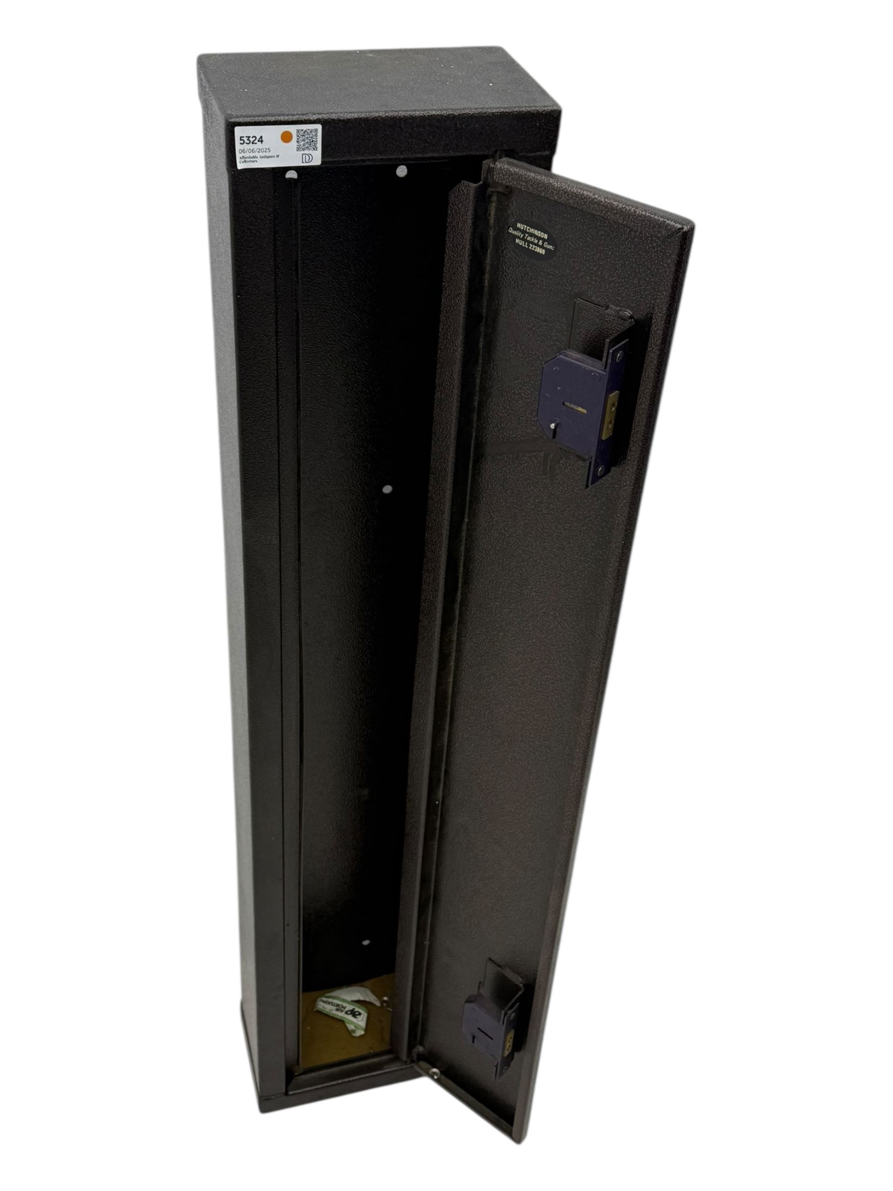 Modern black painted steel gun cabinet, of tall rectangular form with hinged front door fitted with dual lock mechanism, interior with foam base insert and pre-drilled mounting holes to back panel