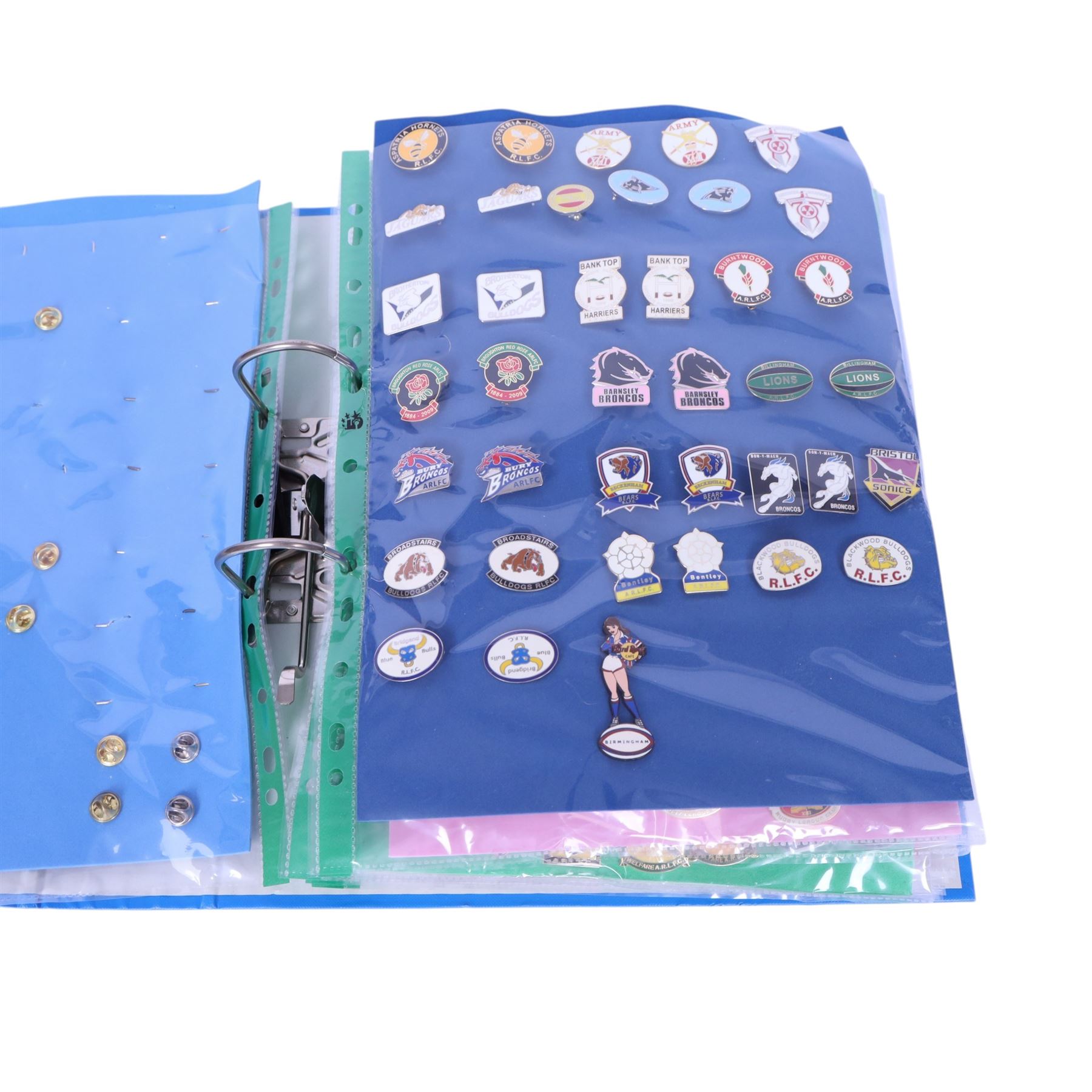 Amatuer Rugby League club enamel badge collection, from teams including Hull Wyke, Sheffield Forgers, London Griffins, Medway Dragons, Hillfoot Rams, Fife Lions, Conwy Celts, Carluke, Devon Sharks, Brotherton Bulldogs, Aspatria Hornets, Army XIII, Bristol Sonics, etc, housed in one folder, (approximately 320)