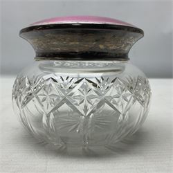 Art Deco guilloche enamelled silver and glass dressing table jar, the domed pink lid with gilt interior, hallmarked Birmingham 1923, D10cm