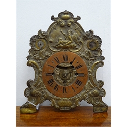  19th century German strut or bracket clock with alarm, Rococo embossed brass front, Roman dial with aperture subsidiary repeat and silent dials, four train four pillar movement striking on a bell, H33cm   