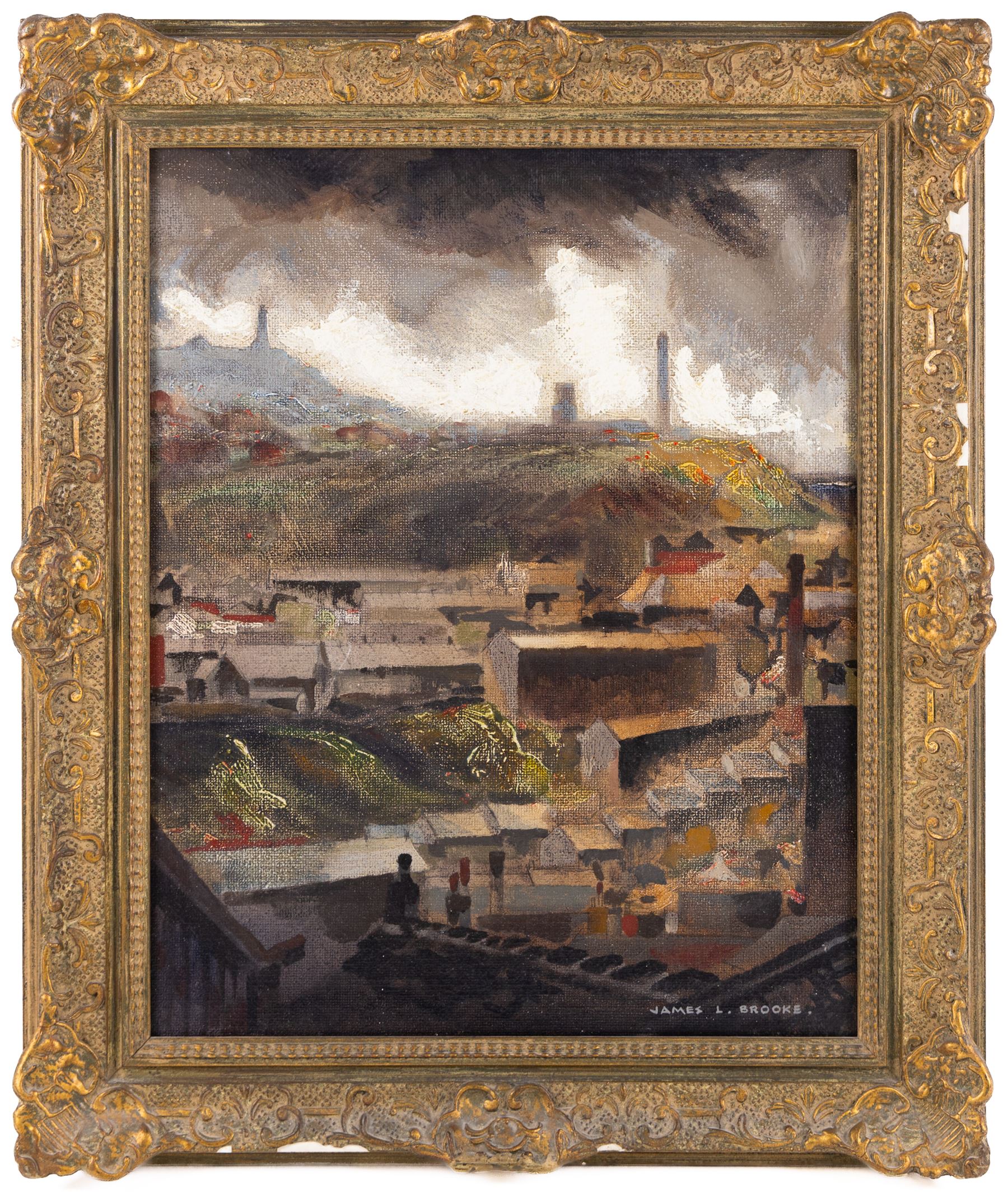 James Leslie Brooke (British 1903-1973): 'Castle Hill from Chapel Hill' - Almondbury in Huddersfield, oil on canvas board signed, titled verso 50cm x 39cm 