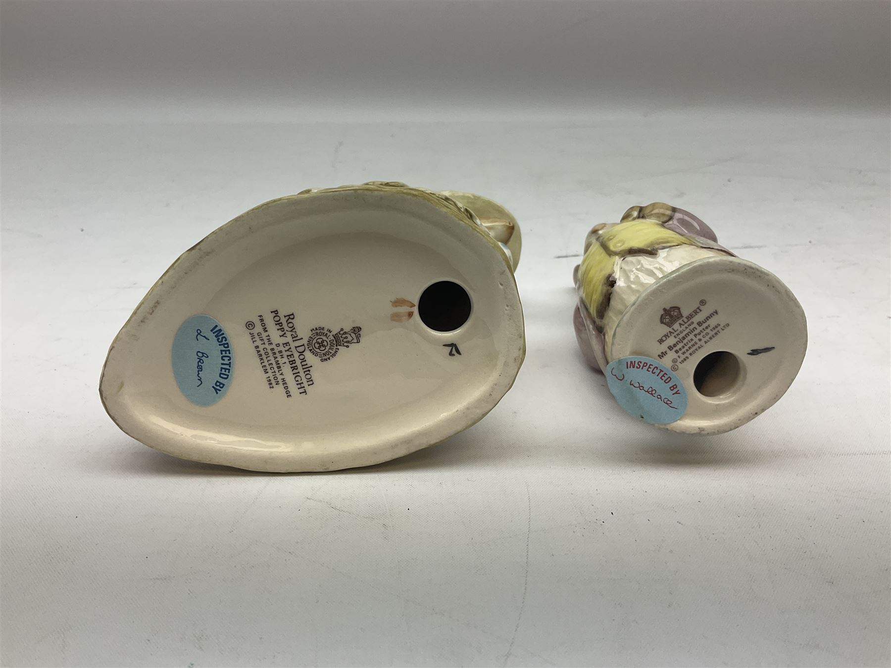 Two Royal Doulton Brambly Hedge figures comprising ‘Mrs Saltapple’ and ‘Poppy Eyebright’, Royal Albert Beatrix Potter ‘Foxy Whiskered Gentleman’ and ‘Mr Benjamin Bunny’, all with boxes, two Border Fine Arts Beatrix Potter figures comprising ‘Mrs Tiggywingle’ and ‘Mrs Rabbit’, Royal Doulton ‘Spike and Tyke’ and ‘Winnie Pooh and Footprints’ both with boxes, all marked beneath