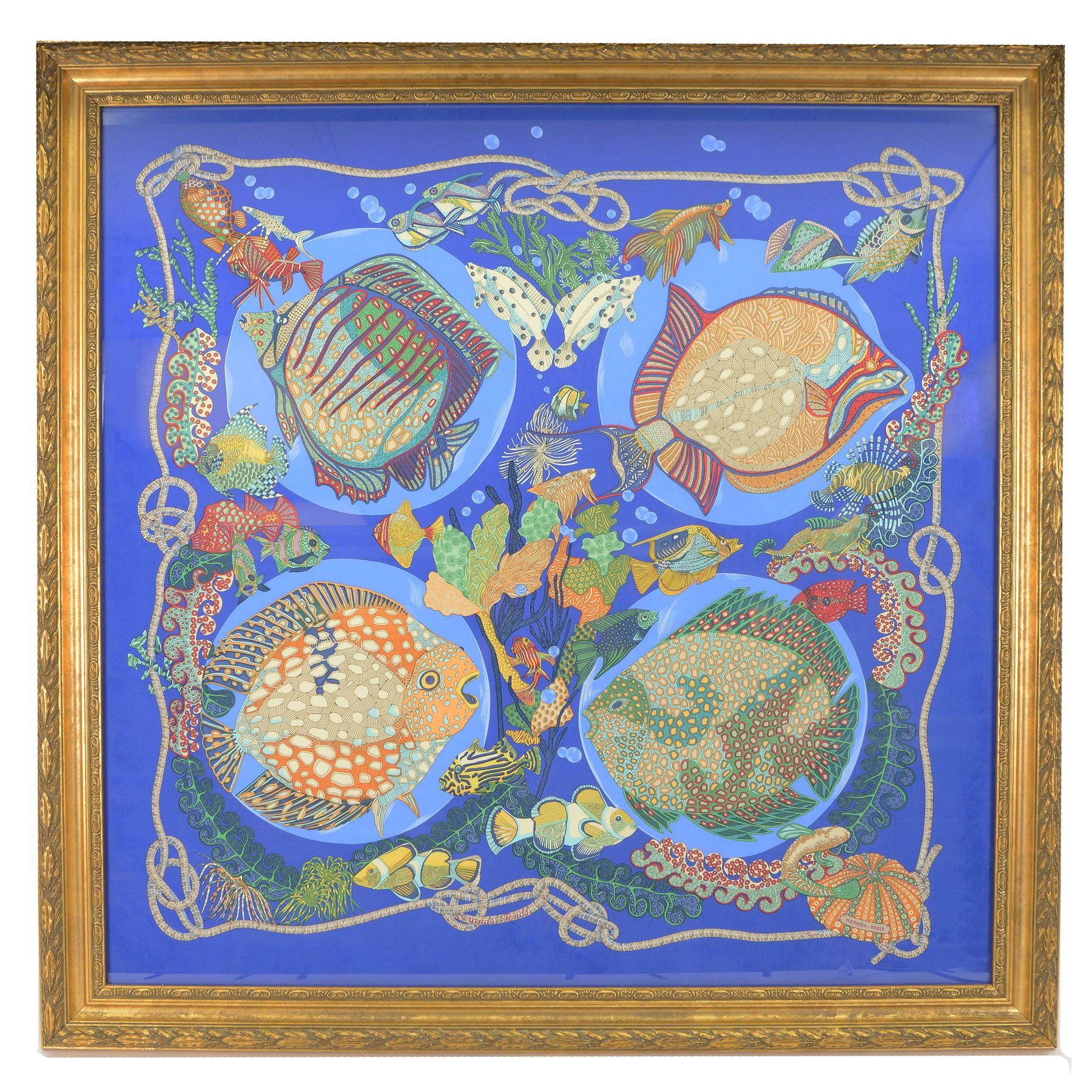 Hermes Grands Fonds silk scarf designed by Annie Faivre, framed, H100cm, W99cm