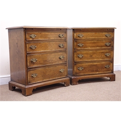  Pair of small George lll style cross banded oak bedside chests, moulded tops and brushing slides above four graduated cockbeaded drawers with brass handles, on bracket feet, W66cm, D39cm, H75cm (2)  
