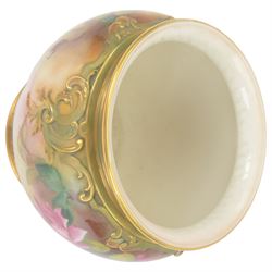 Early 20th century Royal Worcester jardiniere, painted  with pink and yellow roses amongst green foliage, signed A. Chidley with printed mark beneath and date code for 1910, H17cm