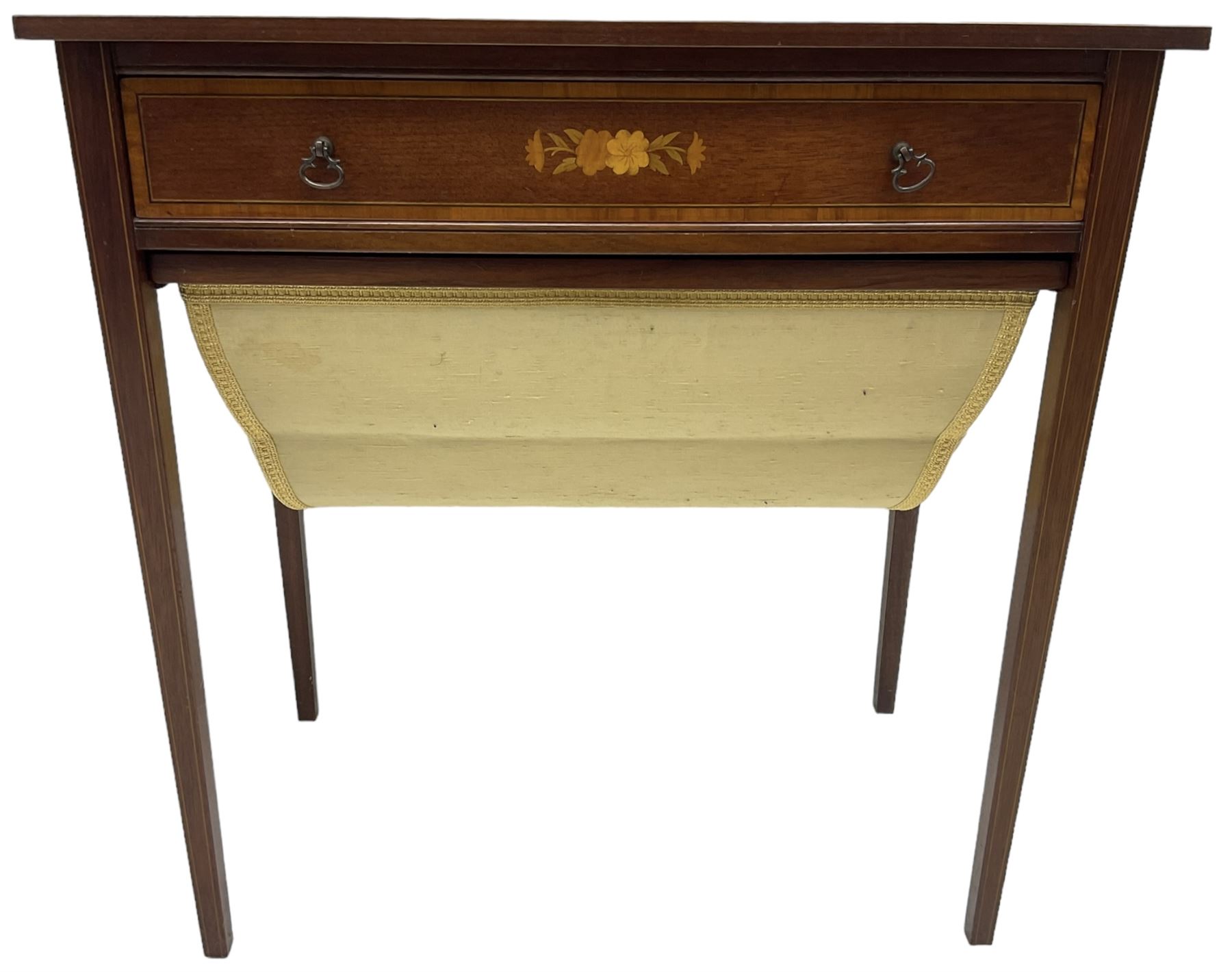 Edwardian Revival mahogany and satinwood banded sewing or work table, fitted with single drawer over upholstered sliding storage well, inlaid with extending floral decoration, on square tapering supports 