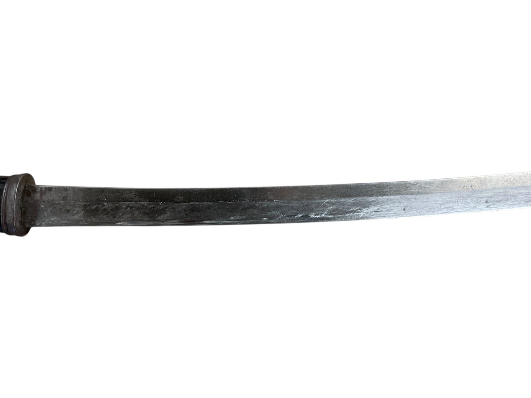 Replica Japanese katana with 63cm curved single edged blade in scabbard, overall L93cm, together with dagger with brass handle in a leather scabbard 