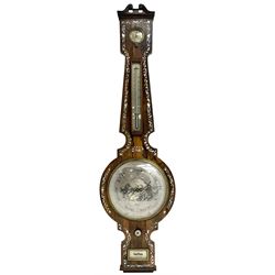 A Victorian rosewood mercury barometer with a swan’s neck pediment and brass finial, edge of the case profusely inlaid with mother of pearl inlay, 10” silvered dial with decorative engraving depicting a windmill and cottage to the centre, mercury syphon tube recording barometric air pressure from 28-31 inches with weather predictions, dial inscribed “Warranted” “ Hull” “Agostino Maspoli”, with a steel indicating hand and brass recording hand within a convex glass and cast brass bezel, circular hygrometer and boxed mercury thermometer indicating the temperature in degrees Fahrenheit, rectangular level bubble and recording hand setting disc. 
The Italian Maspoli family were prolific makers of  barometers, mathematical, philosophical and optical instruments in 19th century Hull, working from 49 Salthouse Lane (1826-31), 79 Lowgate (1835-55) and Robinson Row (1839-1859) They are also recorded as watch and looking glass makers. 
      
