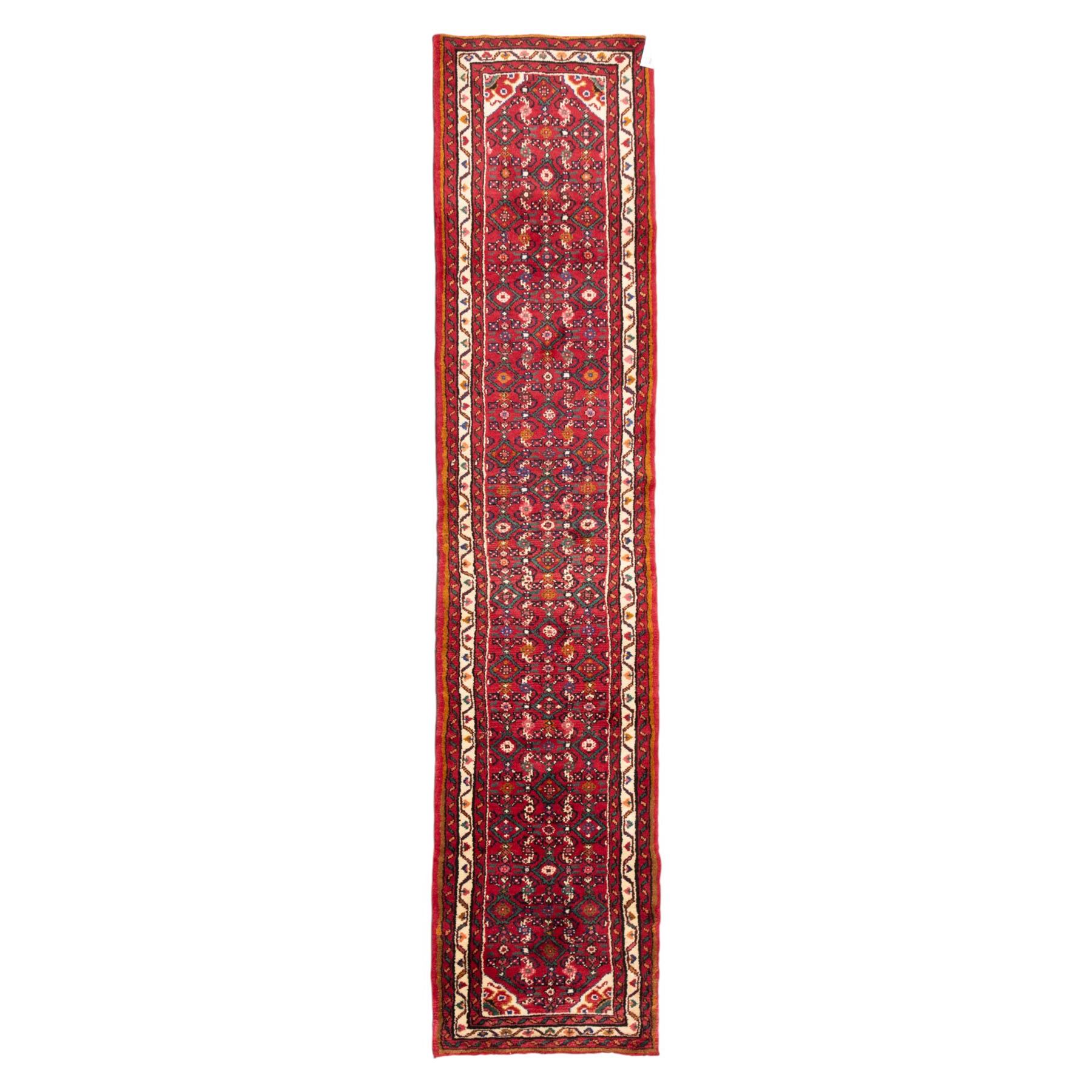 North west Persian hand-knotted Malayer runner, vibrant rose field with an all-over lattice design of lozenges and stylised floral motifs, ivory spandrels within a zig-zag main border flanked by multiple guard stripes 