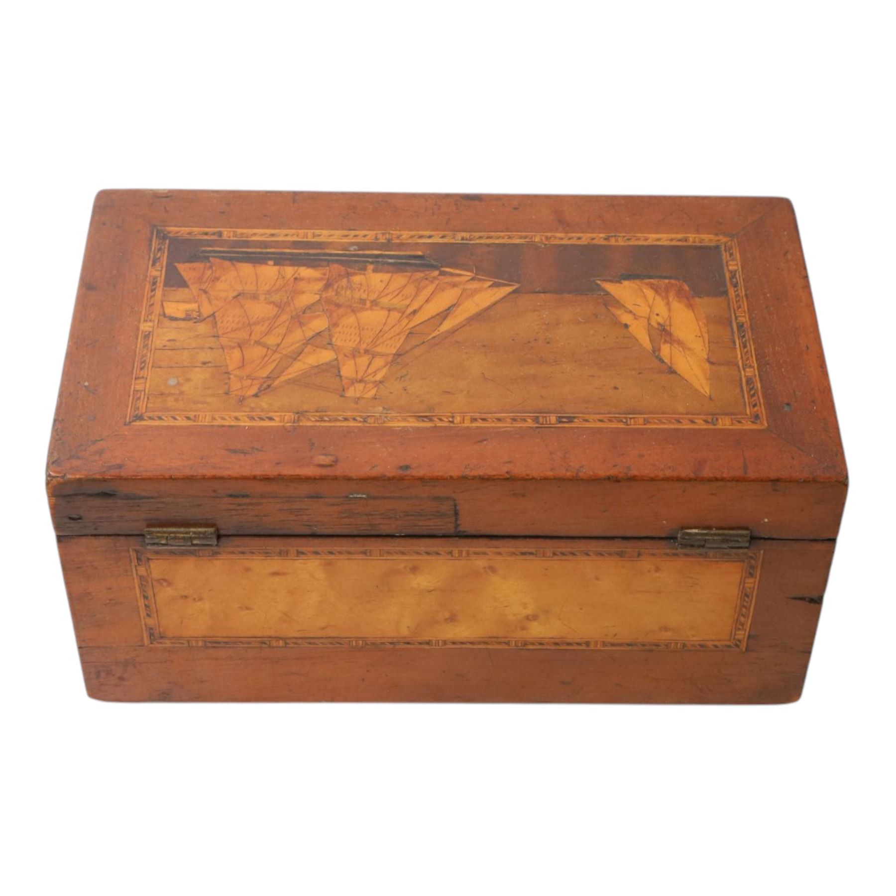 19th century satin wood marquetry inlaid correspondents box, the lid with inlaid three-masted sailing ship, opening to fitted compartments,  H1cm, L21cm, D12cm