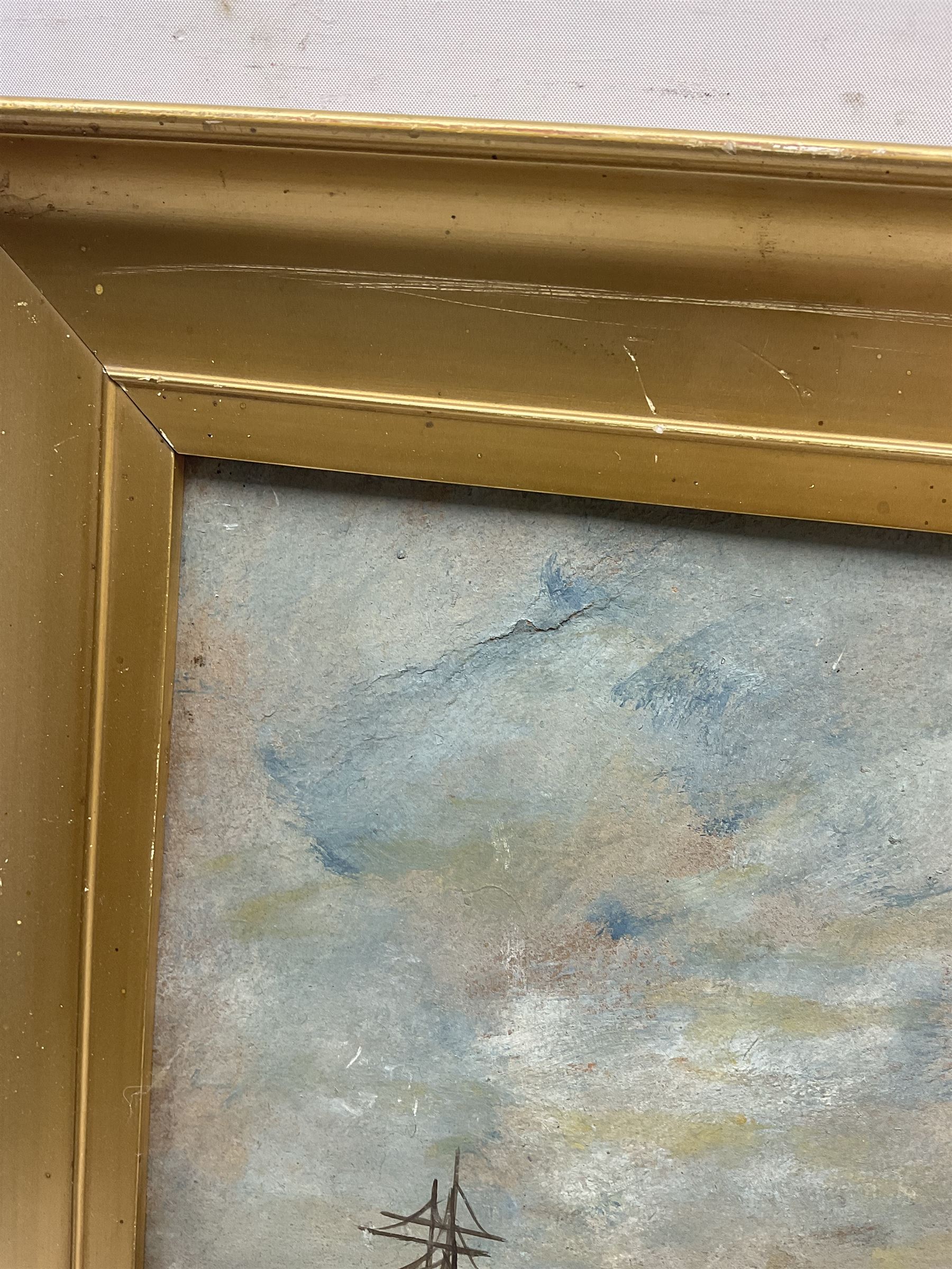 Edouard Adam (French 1847-1929): Masted Ships at Sunset, oil on board signed and dated 1907, 32cm x 25cm 
Provenance: Robin Hood's Bay family ownership for many years