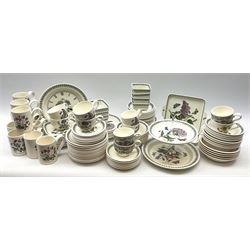 Portmeirion Botanical Garden tea wear, dinner wear and clock, including 
two tiered cake stand, two small trays, eight small square bowls, eight canape dishes, six cups and saucers, eleven coffee cups, forty plates of various sizes and nineteen bowls.  