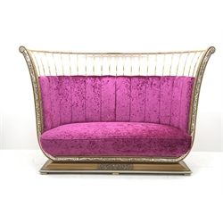 Cappelletti Cantu Italian gilt metal framed curved sofa, upholstered in crushed pink velvet, on gilt stepped base, W217cm, D92cm, H147cm