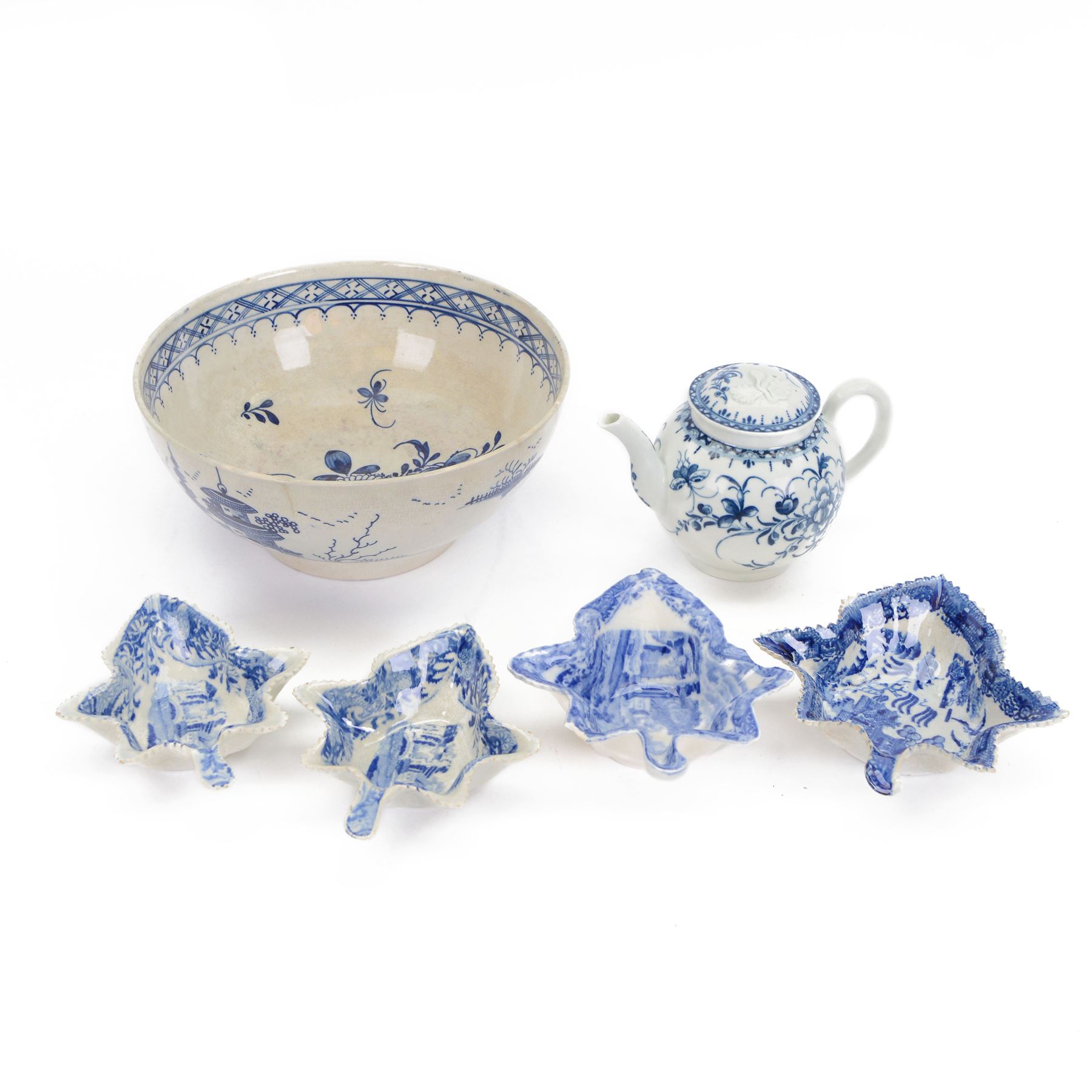 18th century and later English blue and white ceramics, including late 18th century Liverpool bowl with chinoiserie decoration, Worcester teapot decorated with flowering branches, and four leaf bowls, Liverpool bowl D21cm 