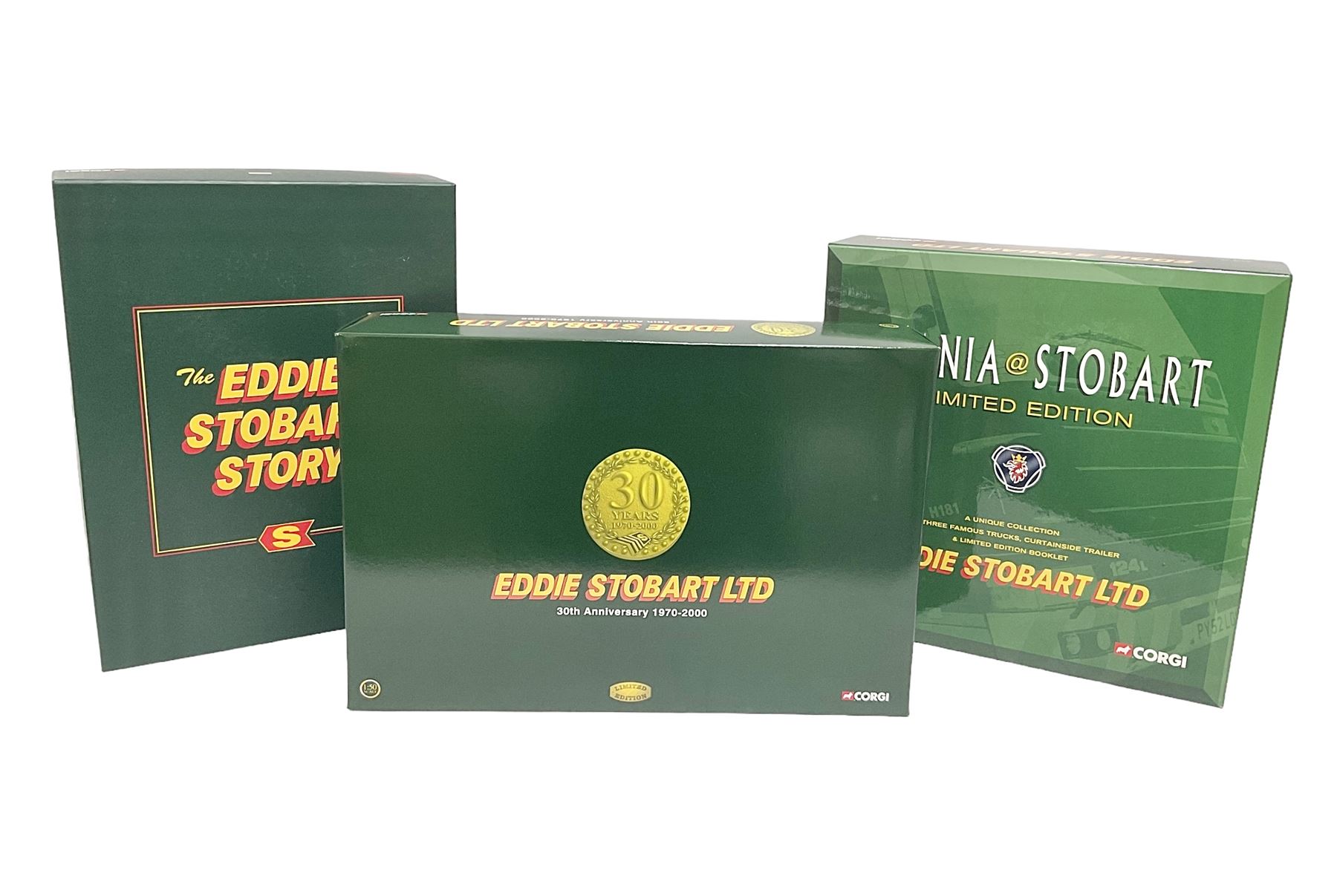 Corgi - three limited edition Eddie Stobart sets - 76901 30th Anniversary 1970-2000; boxed with delivery packaging; CC99155 Scania@Stobart; and CC86610 The Eddie Stobart Story; both boxed (3)