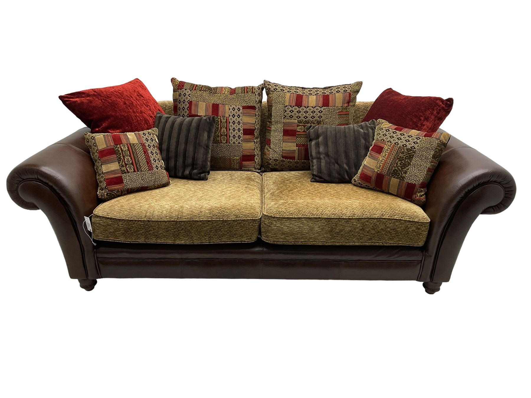 DFS - 'Perez' three-seat sofa (W222cm, H90cm, D105cm); and matching two-seat sofa (W188cm); upholstered in stitched brown fabric with patterned contrasting fabric cushions