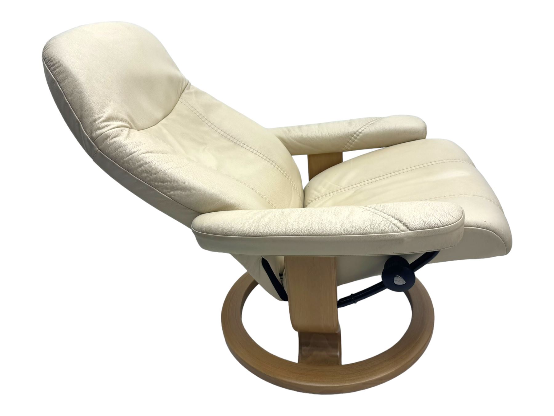 Ekornes Stressless - swivel and reclining armchair upholstered in cream leather, high back and padded armrests, raised on circular base