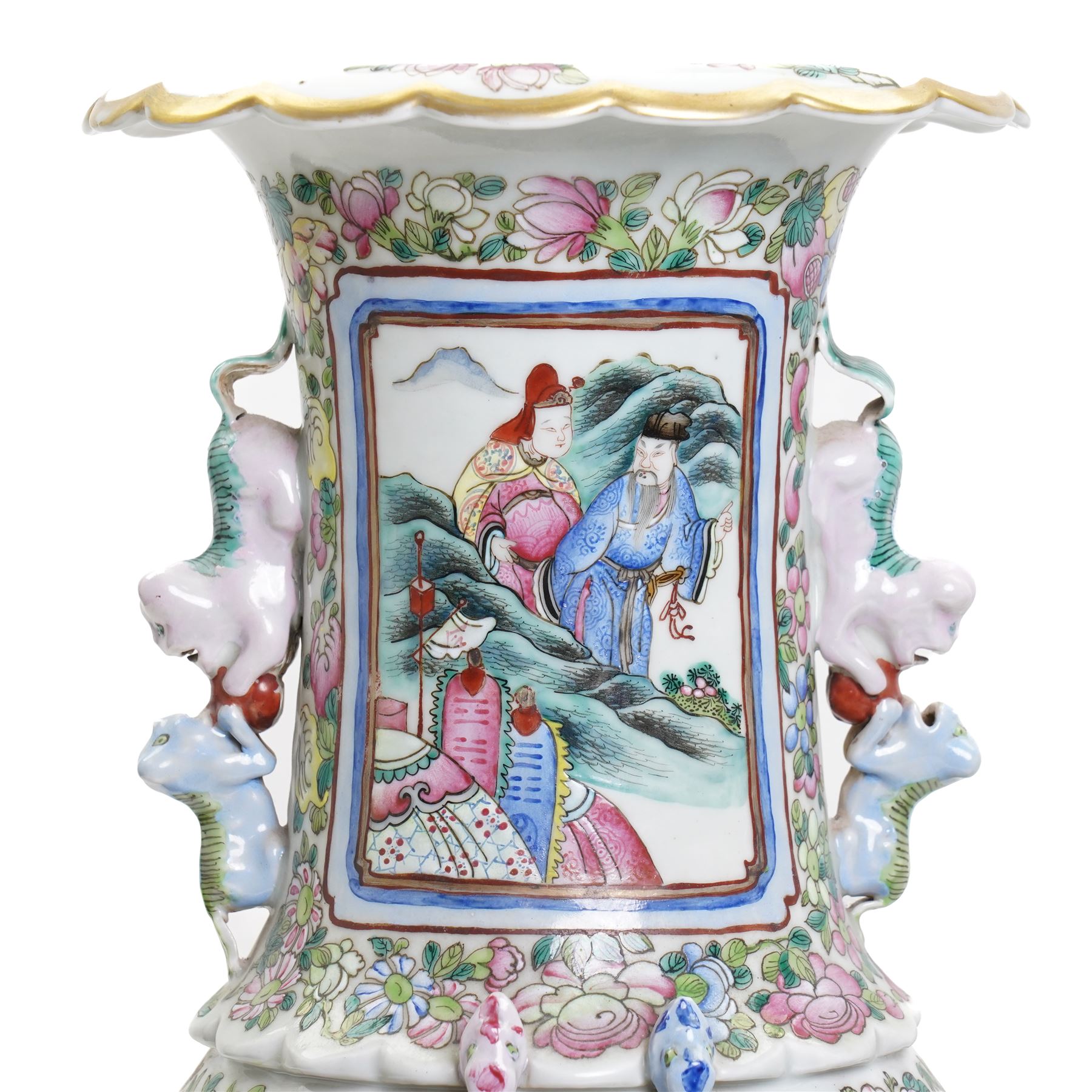 Large pair of 19th century Cantonese famille rose vases, each painted with various courtly scenes, including a display of warriors fighting on horseback before an official and his attendants, double Buddhist lion handles and applied at the shoulders with chilong, the lower band painted with Greek key motif, H58cm (2)