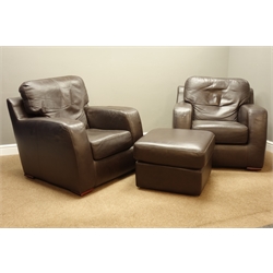  John Lewis pair armchairs (W88cm), and matching footstool, upholstered in brown leather  