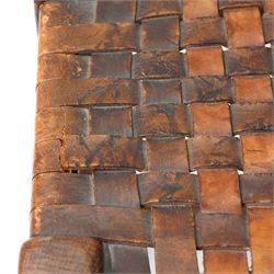 Mouseman - 1930s adzed oak joint stool, leather latticework seat on chamfered octagonal supports, carved with mouse signature, by Robert Thompson of Kilburn