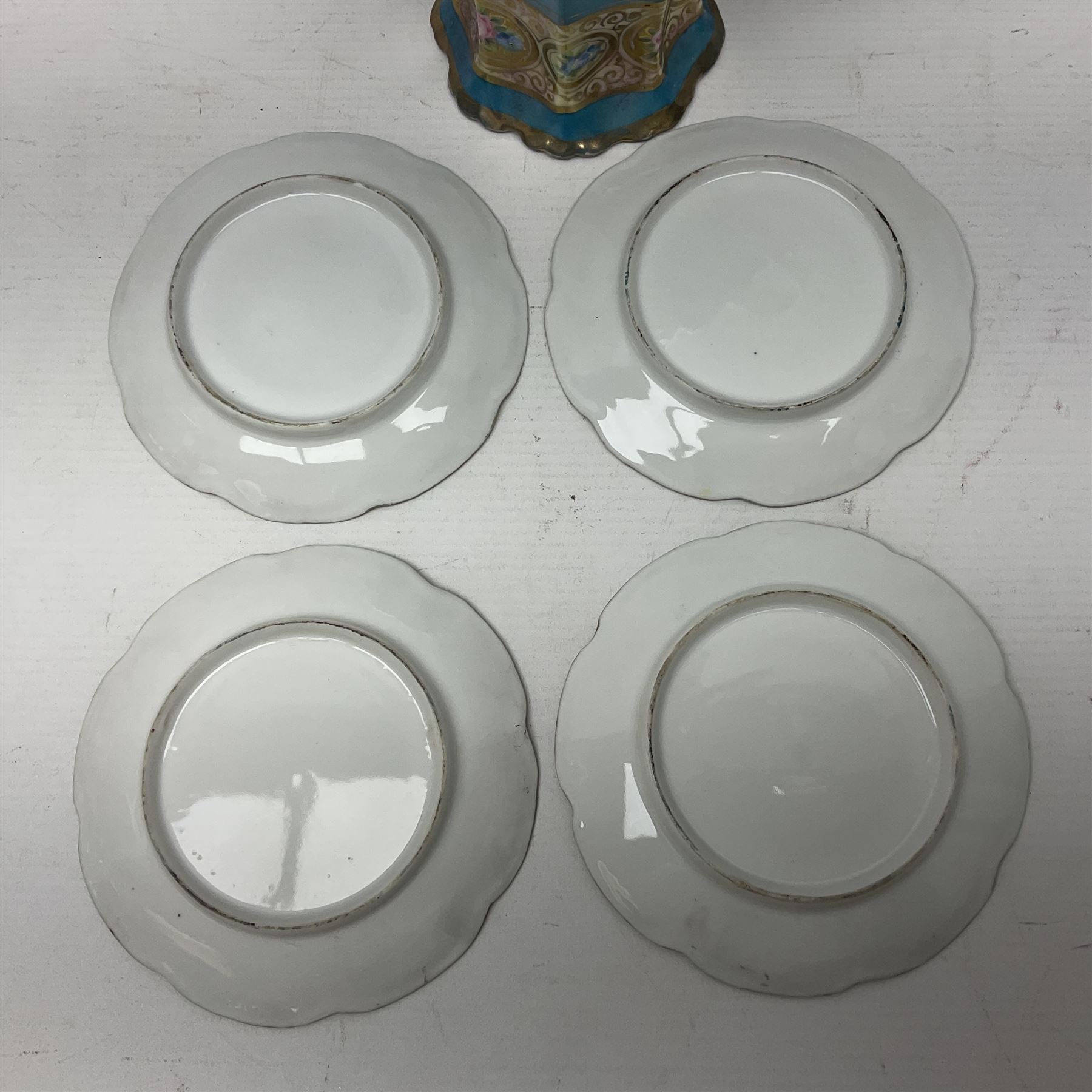 Noritake coffee service, hand painted with roses and gilt detail on a blue ground, comrosing coffee pot, five cups and saucers