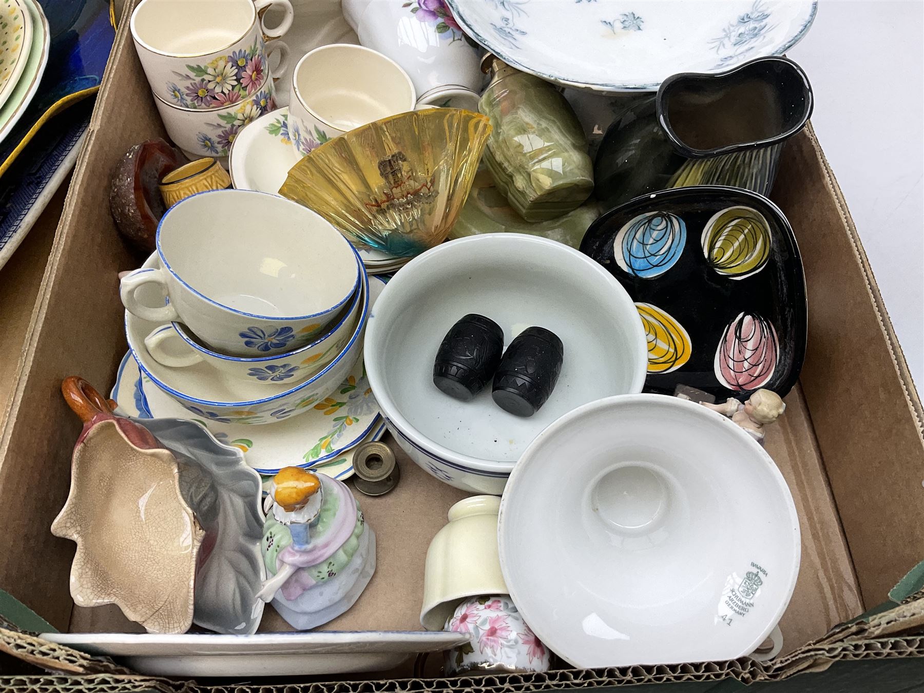 Large quantity of Victorian and later ceramics to include Spode Velamour twin handled vase, Bavaria Schumann Arzberg large circular stand and vase, Beswick Ware,  Spode, blue and white, Hanley and G Meakin, tea wares, figures, West German vase etc in six boxes