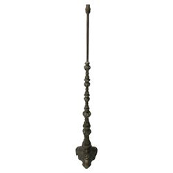 French Rococo revival cast metal standard lamp, undulated tapered stem decorated all over with foliage, c-scrolls and shell motifs, on a triangular base 