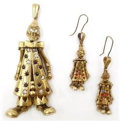  Heavy 9ct gold stone set clown pendant and pair matching ear-rings hallmarked 98gm gross  