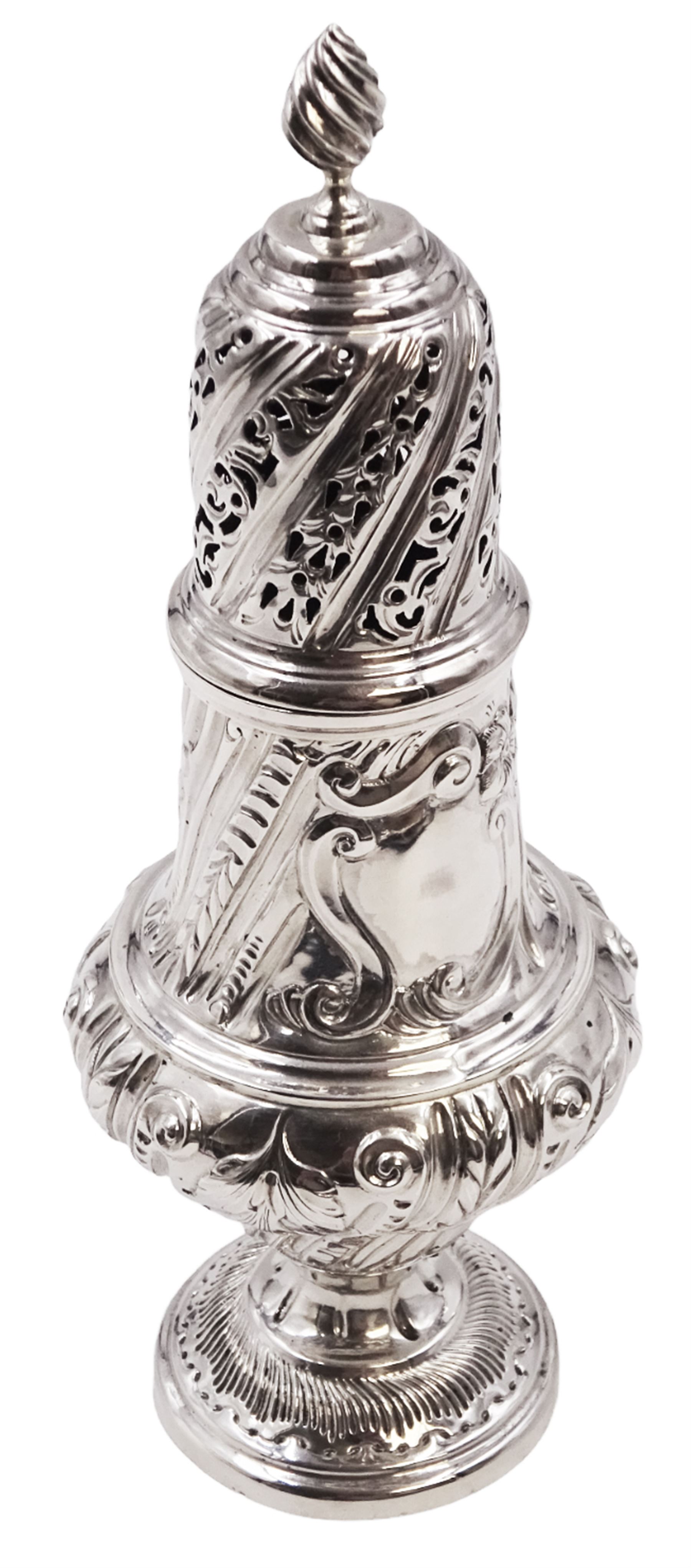 Victorian silver sugar caster, of bellied form, with repousse scroll and foliate decoration, the removable pierced cover with flambeau finial, upon a conforming circular spreading foot, hallmarked Goldsmiths & Silversmiths Co, London 1893, H18.5cm
