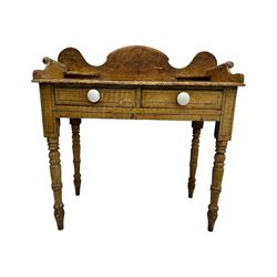 Victorian scumbled pine dressing table, rectangular top with shaped and scrolled gallery back, fitted with two drawers with ceramic knobs, on turned supports