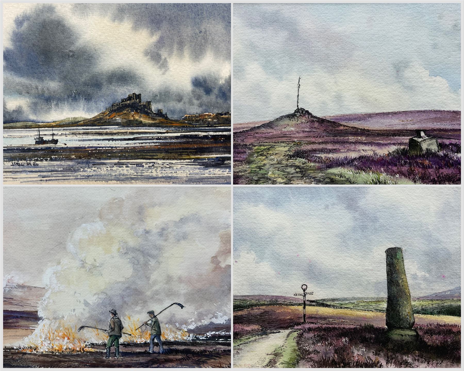 John Freeman (British 1942-): 'Fylingdales - Mick Atkins and Son' 'Bamburgh Castle' 'Danby Beacon' and 'Fryup/Rosedale Road', set of four watercolours signed and dated '76 through '86, titles verso 8.5cm x 13.5cm (4)