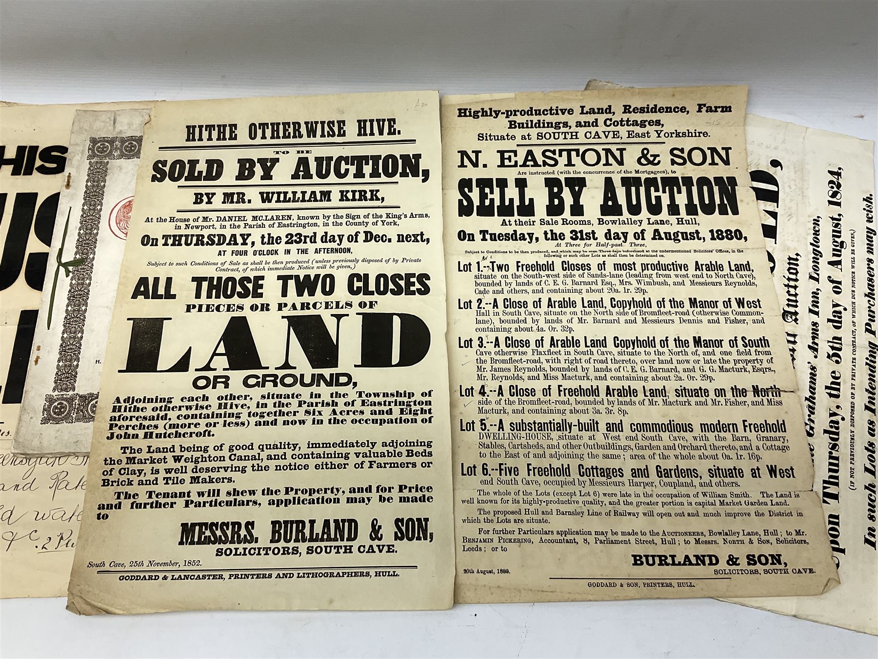 Seven late 19th/early 20th century auction posters of Hull/Yorkshire interest for properties in Hithe (Hive) 1852, South Cave 1880, Ellerker 1904, Hive 1921, Osbaldwick 1921, Balfour Street Hull 1922 and Sancton 1922; another for Cumberland 1824; two early 'This House To Let' posters; posters unframed and folded; and auction particulars for Gator Court, Ashburton, South Devon 