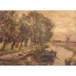 Owen Bowen (Staithes Group 1873-1967): Rowing on a Dutch Waterway, oil on canvas signed 26cm x 36cm