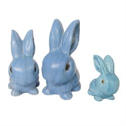 Nine Sylvac rabbits, including models 1028, 990, 1026 etc, in blue and green, largest H25cm  