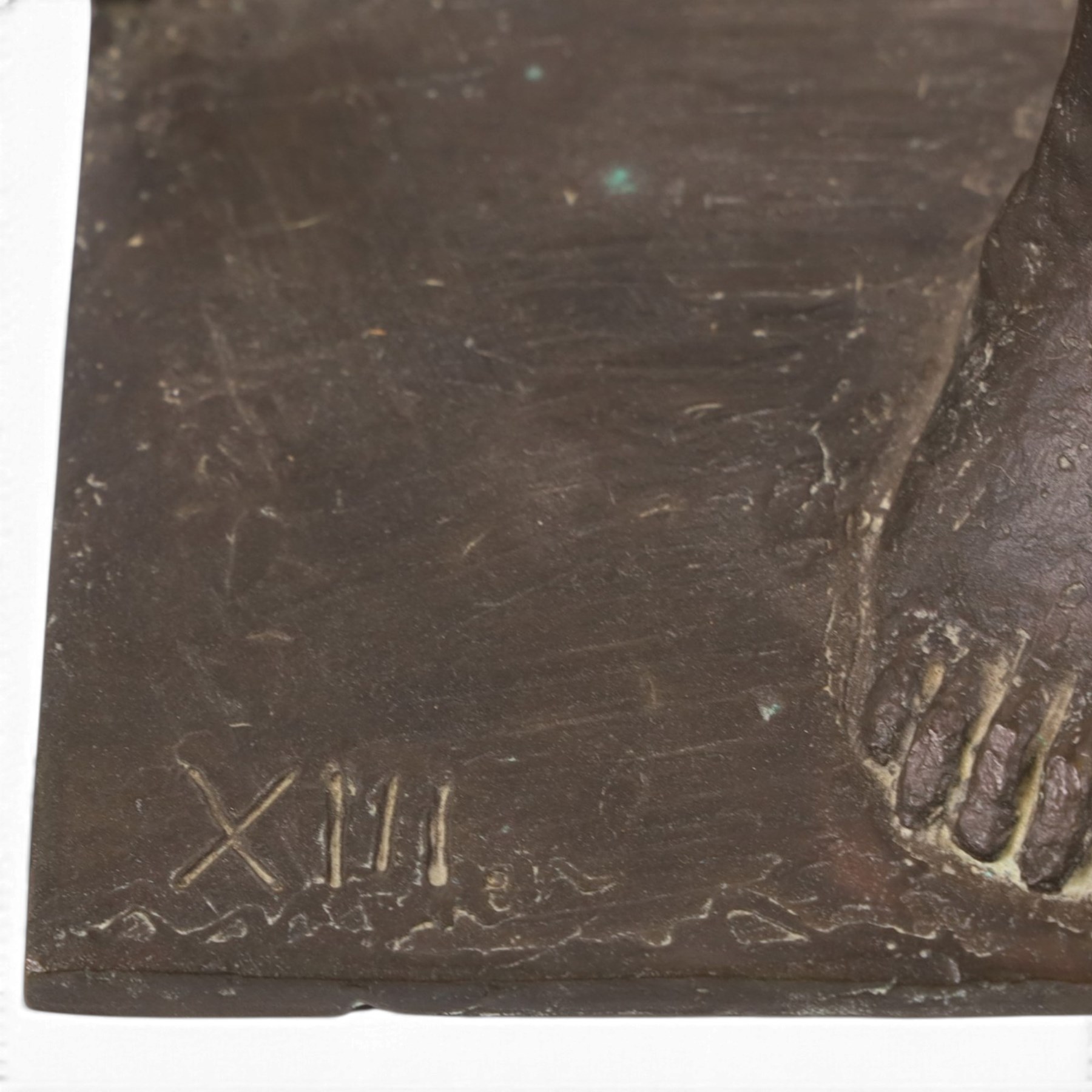 Modernist School (mid-20th century) - bronze cast sculpture depicting a blind man resting on a stand, holding a book and cane with braille detail, signed Lei, dated 2000 and edition 13 H33cm