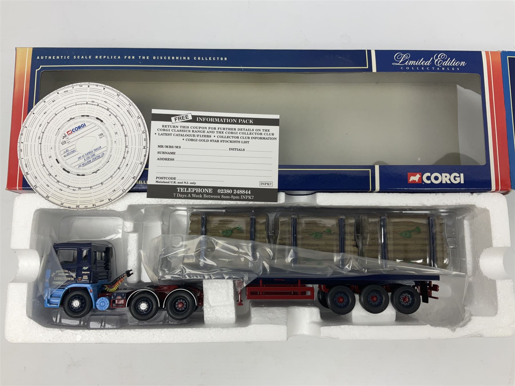 Corgi - three limited edition lorries; CC11905 ERF EC Flatbed Trailer & Log Load Los Millican (Penton) Ltd; CC12102 Renault Premium Curtainside Wm.Armstrong (Longtown) Ltd; and CC12903 Scania Topline Curtainside Currie European Transport; all boxed (3)