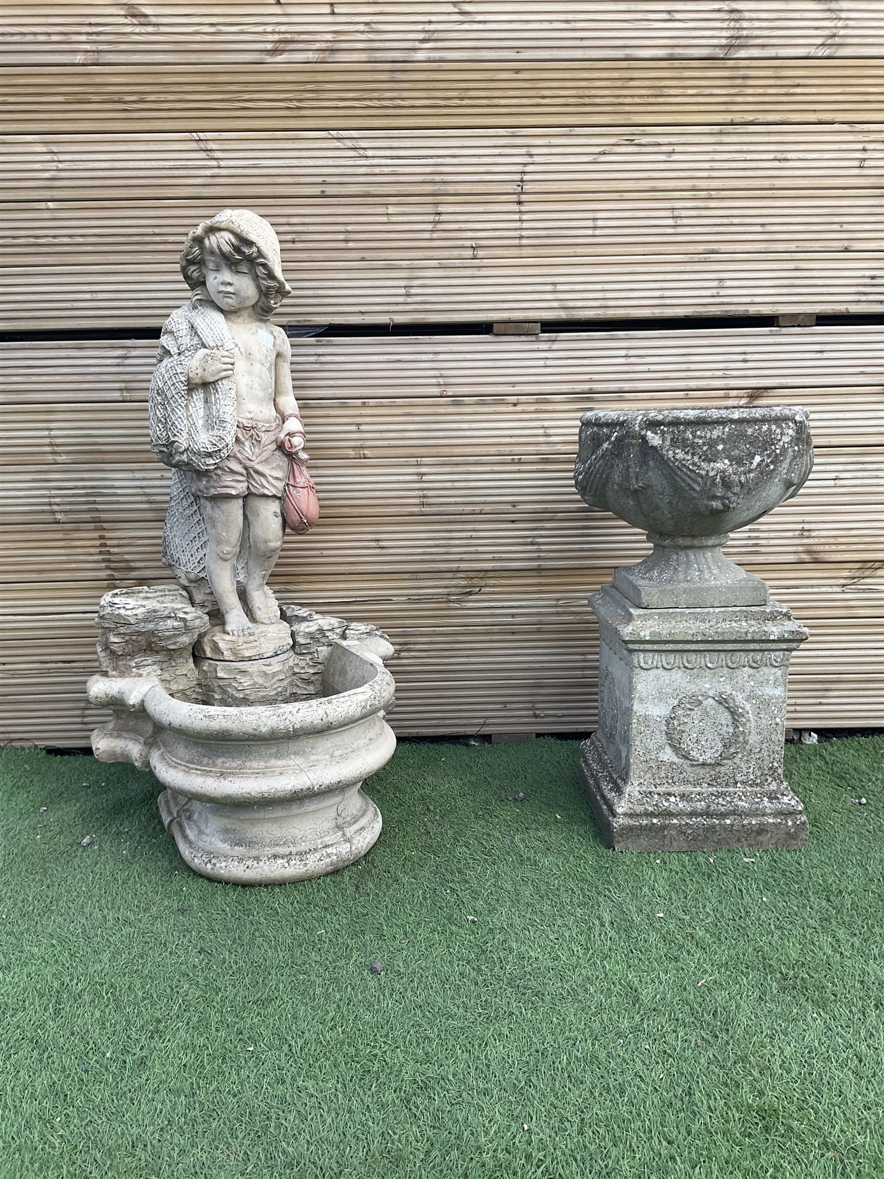 Three section cast stone garden figure of a boy carrying fishing net and a satchel with a water feature together with a cast stone planter on plinth - THIS LOT IS TO BE COLLECTED BY APPOINTMENT FROM DUGGLEBY STORAGE, GREAT HILL, EASTFIELD, SCARBOROUGH, YO11 3TX