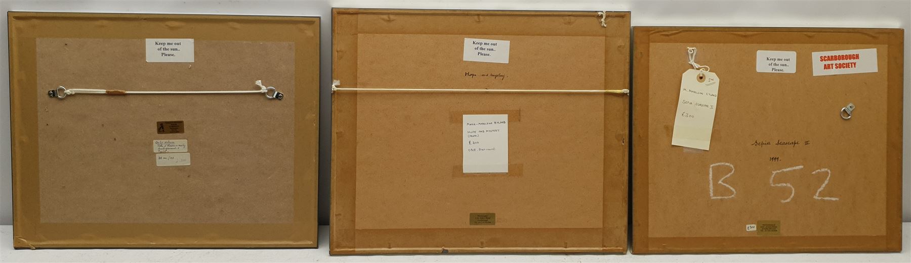 Madeleine Eyland (Belgian/British 1930-2021): 'Only Silence', 'Hope and Mystery' and 'Sepia Seascape', three pastels signed, max 22cm x 30cm (3) 
Provenance: artist's studio collection. Marie-Madeleine Eyland (neé Legrain) was born in 1930 at Floriffoux, Belgium; she lived most of her life in Scarborough working as a nurse and an artist.