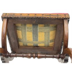20th century mahogany rectangular footstool, needlework upholstered drop-in seat, on ball and claw carved feet (W81cm, D35cm, H34cm); 19th century elm stool, needlework upholstered drop-in seat, on square moulded supports united by plain stretchers (W45cm); 19th century walnut stool, shaped top upholstered in needlework, on cabriole supports (W50cm); 19th century rosewood stool, upholstered drop-in seat, on curved x-framed supports united by turned stretcher (W47cm)