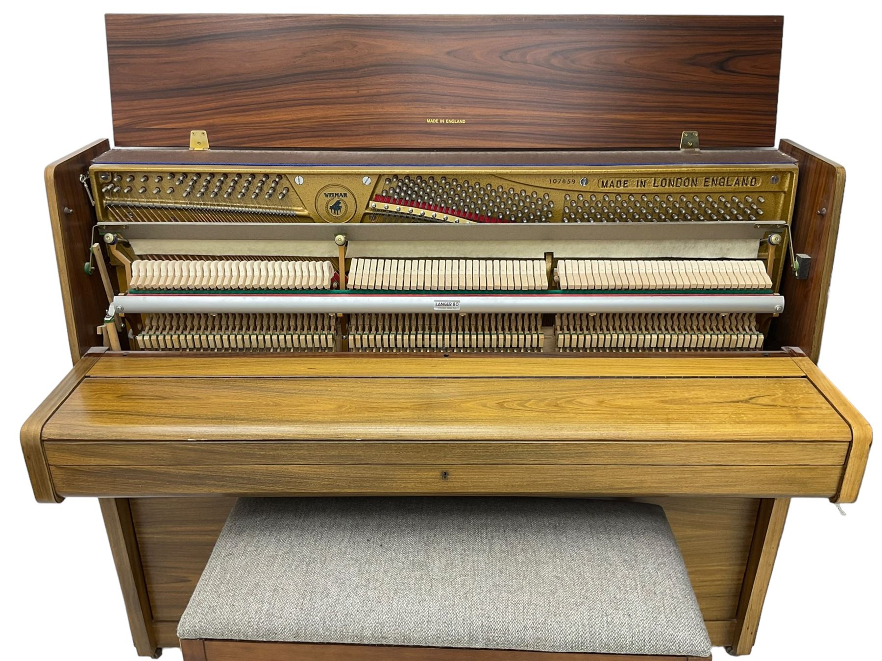 Welmar - English walnut cased upright piano, overstrung frame with a Langer underdamper action; serial No 107859 (1990) with practise, sostenuto and una corda pedals, 88 note seven octave keyboard, with matching duet stool.