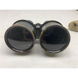 Horn handled magnifying glass and letter opener cased set, replica Scrimshaw in the form of a tusk titled The Ship Charles W Morgan New Bedford and pair of binoculars