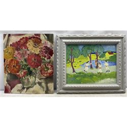 After August Macke (German 1887-1914): Children Dancing Under a Tree, oil on canvas unsigned 29cm x 37cm; English School (20th Century): Flowers in a Vase, oil on canvas board indistinctly signed 44cm x 37cm (one unframed)