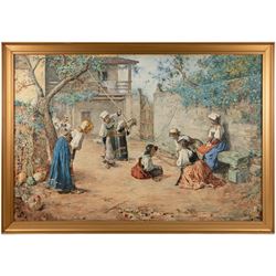 Giuseppe Riva (Italian 1834-1916): Italian Ladies in a Roman Courtyard, watercolour signed inscribed and dated 1882, 66cm x 98cm 