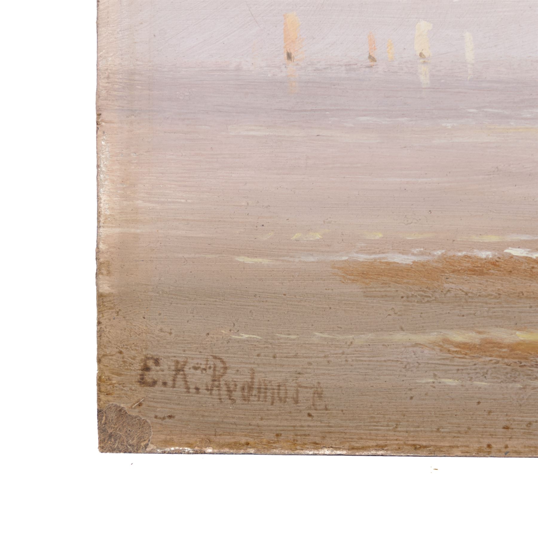 Edward King Redmore (British 1860-1941): Two Boat Scenes with Headlands, two oils on board, together with two further scenes of boats, max 17cm x 18.5cm (4) (one unframed)