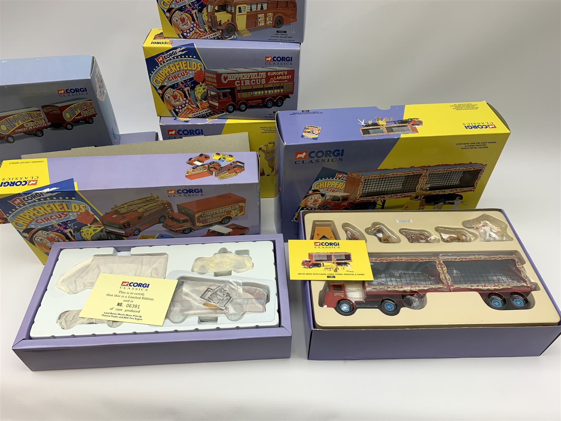 Sixteen Corgi limited edition Chipperfields Circus models - 07202 Land Rover Public Address & Clowns; 11201 ERF KV Artic with cages lions, tigers, pedestal & tamer; 14201 Foden S21 Articulated Tank Trailer with hippo & crocodile; 17801 Scammell Constructor Cannon & Ringmaster; 31703 Land Rover, Morris Minor Pick-Up, Thames Trader & AEC Fire Engine; 31901 Mary Chipperfield's Liberty Horses; 96905 Advance Booking Vehicle; 97022 AEC Regal Living Quarters; 97092 Bedford Pantechnicon Billy Smee Wardrobe; 97915 Scammell Highwayman with two trailers; 97887 Bedford O Articulated Horsebox; 97888 Foden Closed Pole Truck with Caravan; 97889 AEC Cage Truck & Trailer; 97896 AEC Pole Truck; 97957 ERF 8-Wheel Rigid Truck; and Set No.1 Six Circus Figures; all mint and boxed with certificates, some with posters, and brochure (16)