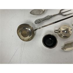 Group of silver, comprising Georgian silver toddy ladle, the silver circular bowl inset with Carolus III 1774 coin, with baleen twist handle with silver terminal, unmarked but testing as silver, L38cm, together with two mustard pots and covers, one with matching open salt, and two condiment spoons, all hallmarked 