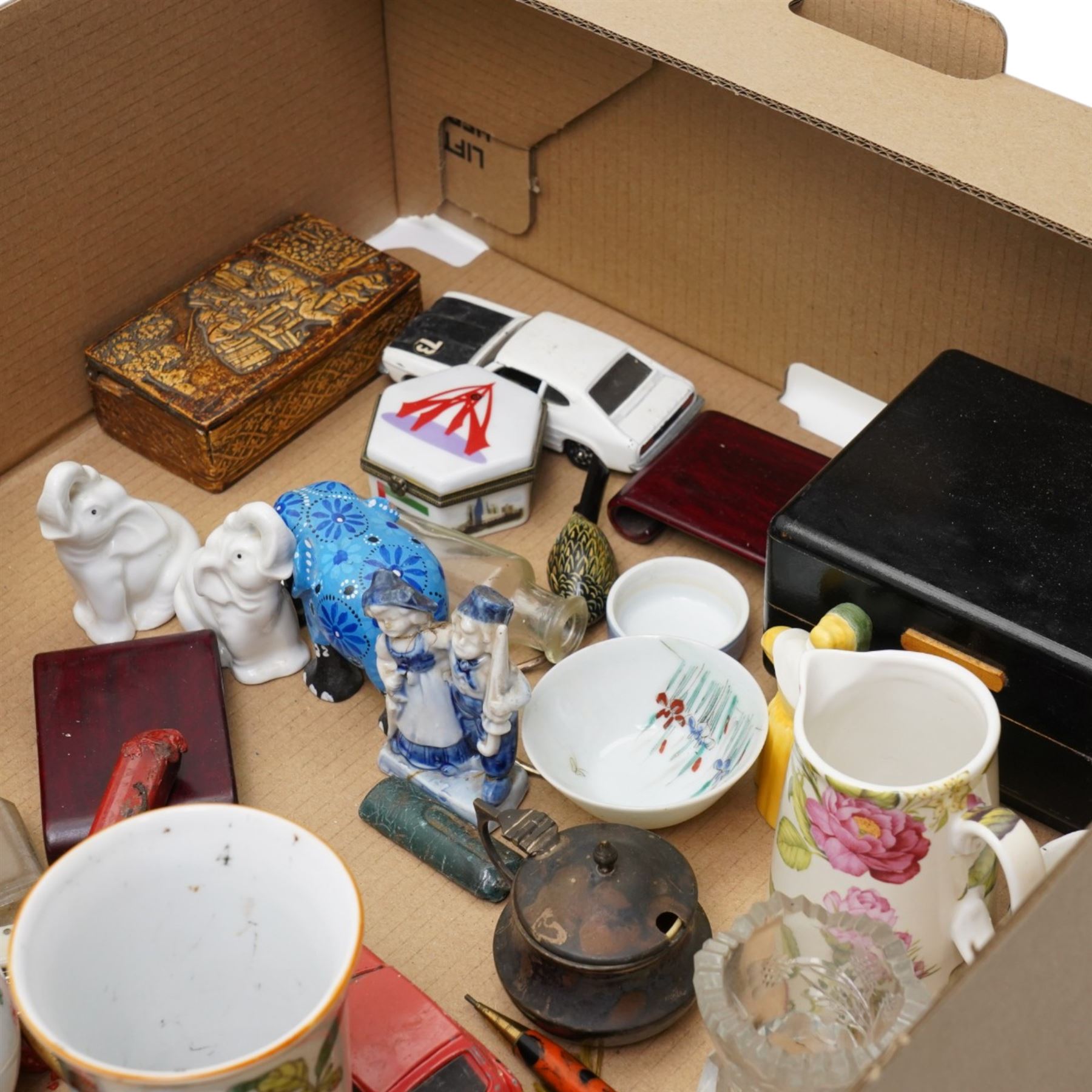 Collection of enamel trinket boxes, silver salt, whistles etc, in one box 