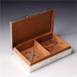 Silver cigarette box with presentation inscription, the hinged cover engraved with the crest of The Worshipful Company of Painter-Stainers W14cm London 1965 Maker Cohen & Charles and a silver napkin ring