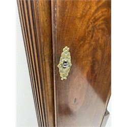 Late 18th century clock movement and dial, square brass dial with Arabic and Roman chapter ring signed 'Thos. (Thomas) Johnston, Dublin', with subsidiary seconds dial and calendar aperture, the dial set with ornate mask cast spandrels, twin train eight day movement striking on bell, with anchor escapement (34.5cm x 34.5cm, 13 1/2