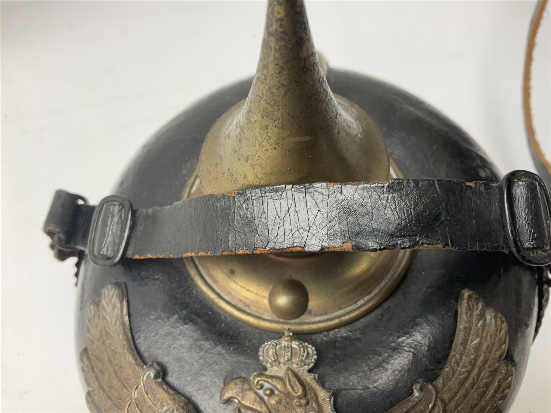 WW1 German leather Pickelhaube helmet with brass plate for Baden regiment, leather strap and leather part only of liner